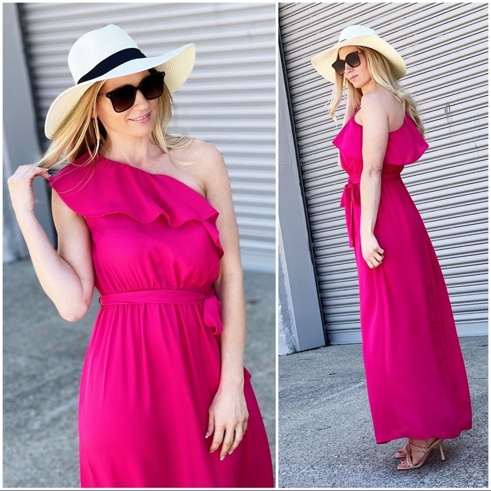 Fashion Icon One Shoulder Maxi Dress-Fuchsia